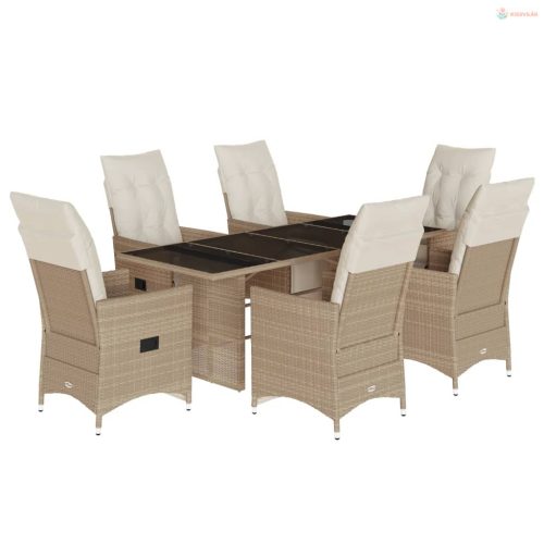 7 részes bézs polyrattan kerti bisztrógarnitúra párnákkal