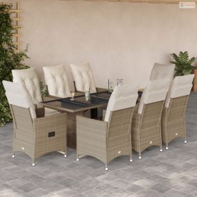   9 részes bézs polyrattan kerti bisztrógarnitúra párnákkal