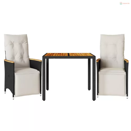 3 részes fekete polyrattan kerti bisztrógarnitúra párnákkal