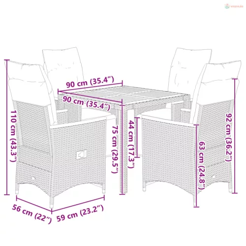 5 részes fekete polyrattan kerti bisztrógarnitúra párnákkal