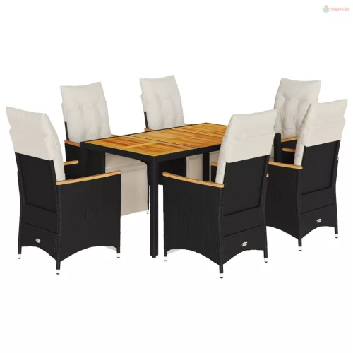 7 részes fekete polyrattan kerti bisztrógarnitúra párnákkal