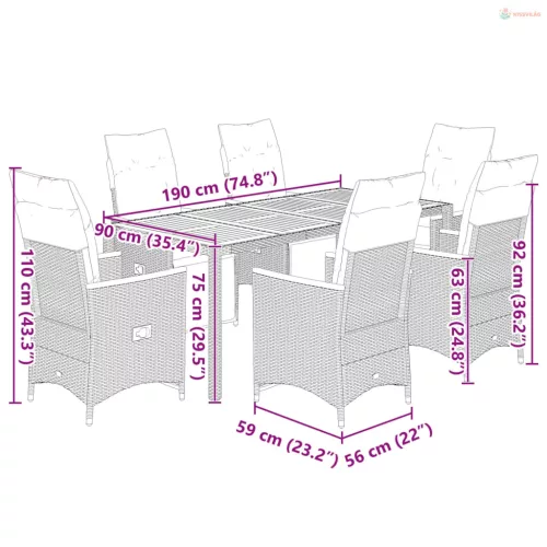 7 részes fekete polyrattan kerti bisztrógarnitúra párnákkal