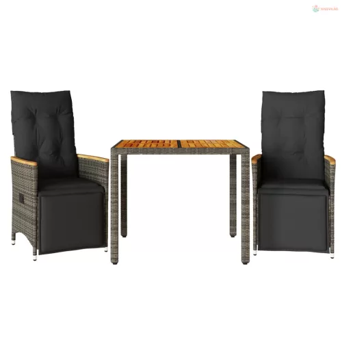 3 részes szürke polyrattan kerti bisztrógarnitúra párnákkal