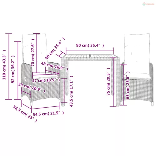 3 részes fekete polyrattan kerti bisztrógarnitúra párnákkal