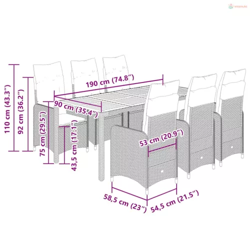 9 részes fekete polyrattan kerti bisztrógarnitúra párnákkal