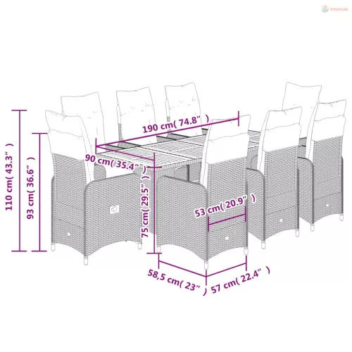 9 részes fekete polyrattan kerti bisztrógarnitúra párnákkal