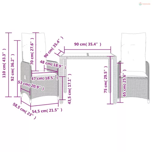 3 részes fekete polyrattan kerti bisztrógarnitúra párnákkal