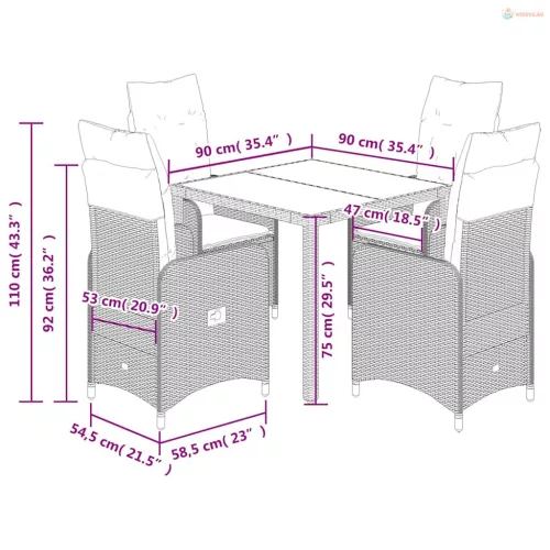 5 részes fekete polyrattan kerti bisztrógarnitúra párnákkal