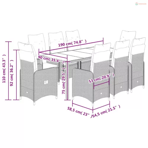 9 részes fekete polyrattan kerti bisztrógarnitúra párnákkal