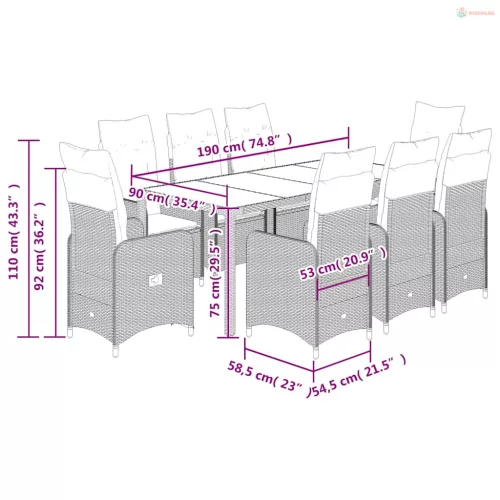 9 részes fekete polyrattan kerti bisztrógarnitúra párnákkal