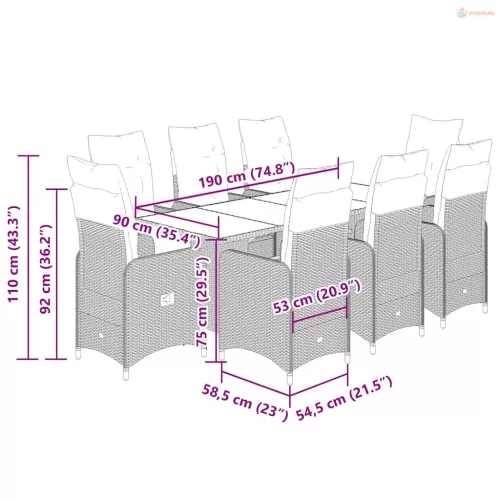 9 részes fekete polyrattan kerti bisztrógarnitúra párnákkal