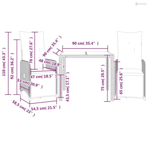 3 részes barna polyrattan kerti bisztrógarnitúra párnákkal
