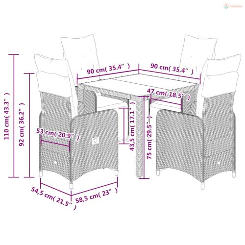 5 részes barna polyrattan kerti bisztrógarnitúra párnákkal