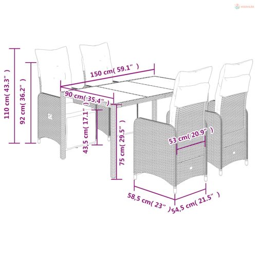 5 részes barna polyrattan kerti bisztrógarnitúra párnákkal