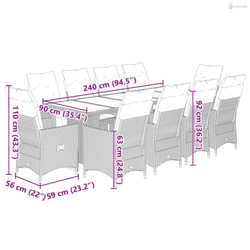 11 részes barna polyrattan kerti bisztrógarnitúra párnákkal