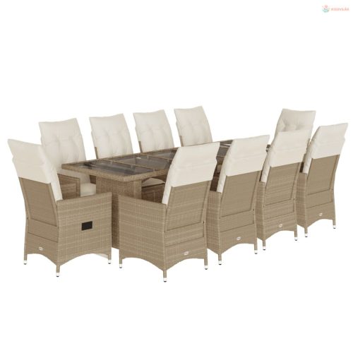 11 részes bézs polyrattan kerti bisztrógarnitúra párnákkal