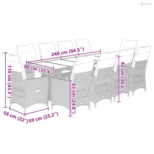 11 részes bézs polyrattan kerti bisztrógarnitúra párnákkal