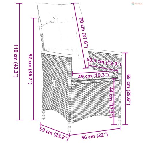 9 részes fekete polyrattan kerti bisztrógarnitúra párnákkal