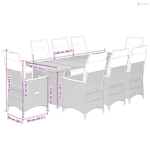 9 részes szürke polyrattan kerti bisztrógarnitúra párnákkal