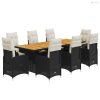 9 részes fekete polyrattan kerti bisztrógarnitúra párnákkal