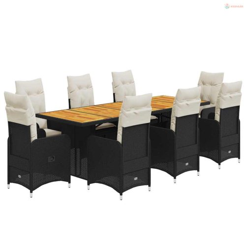 9 részes fekete polyrattan kerti bisztrógarnitúra párnákkal