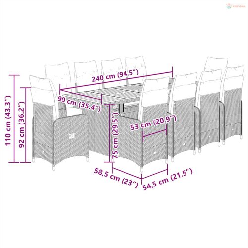 11 részes fekete polyrattan kerti bisztrógarnitúra párnákkal