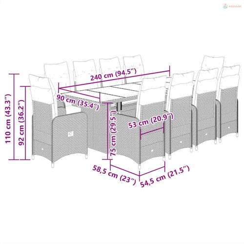 11 részes fekete polyrattan kerti bisztrógarnitúra párnákkal