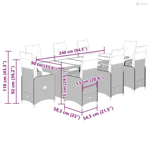 9 részes barna polyrattan kerti bisztrógarnitúra párnákkal