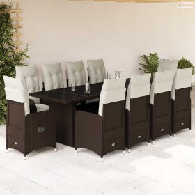   11 részes barna polyrattan kerti bisztrógarnitúra párnákkal