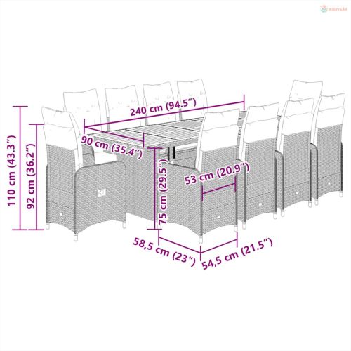 11 részes fekete polyrattan kerti bisztrógarnitúra párnákkal