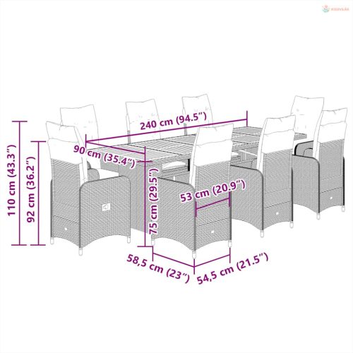 9 részes szürke polyrattan kerti bisztrógarnitúra párnákkal