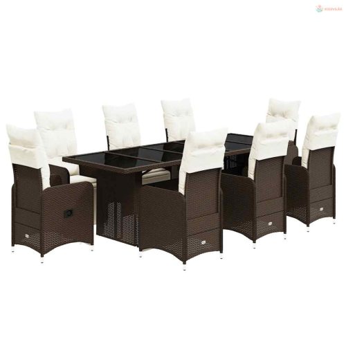 9 részes barna polyrattan kerti bisztrógarnitúra párnákkal