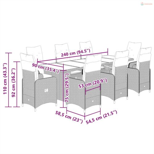 9 részes bézs polyrattan kerti bisztrógarnitúra párnákkal