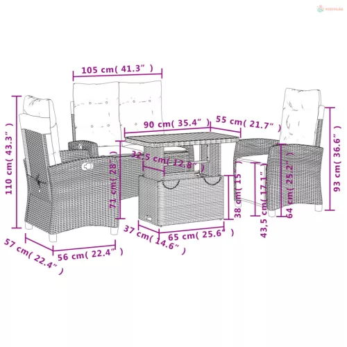 4 részes fekete polyrattan kerti étkezőszett párnákkal