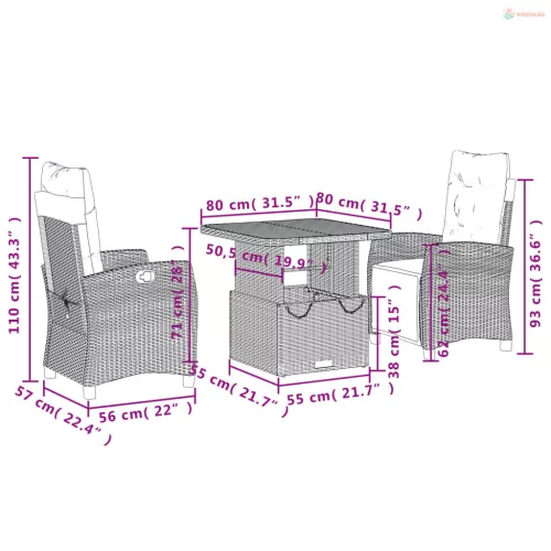 3 részes fekete polyrattan kerti étkezőgarnitúra párnákkal