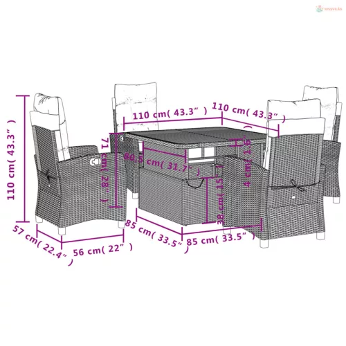 5 részes fekete polyrattan kerti étkezőgarnitúra párnákkal