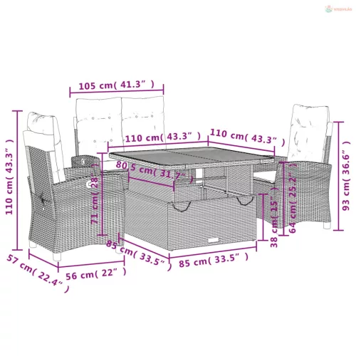 4 részes fekete polyrattan kerti étkezőszett párnákkal