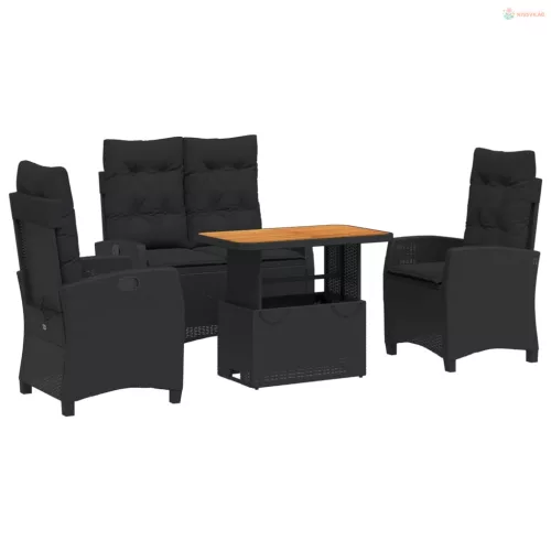 4 részes fekete polyrattan kerti étkezőszett párnákkal