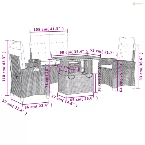4 részes fekete polyrattan kerti étkezőszett párnákkal