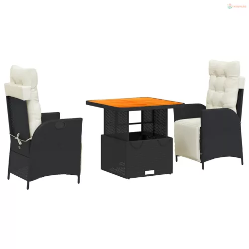 3 részes fekete polyrattan kerti étkezőgarnitúra párnákkal