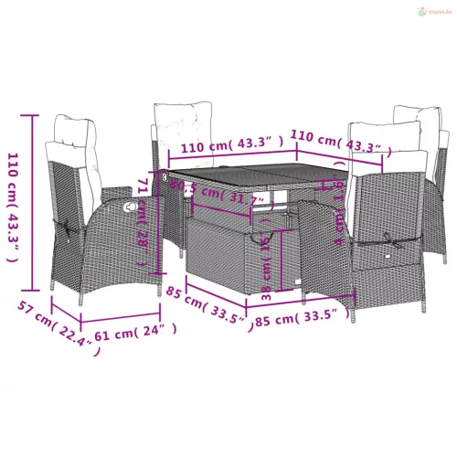 5 részes fekete polyrattan kerti étkezőgarnitúra párnákkal
