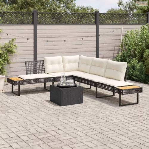 2 részes fekete polyrattan és üveg kerti kanapészett párnákkal