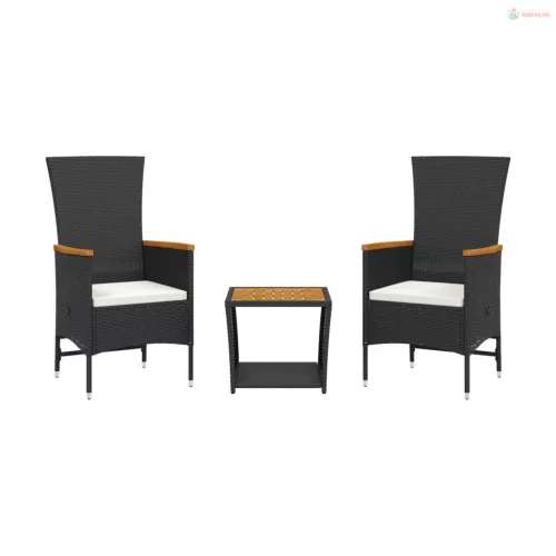 3 részes fekete polyrattan kerti étkezőgarnitúra párnákkal