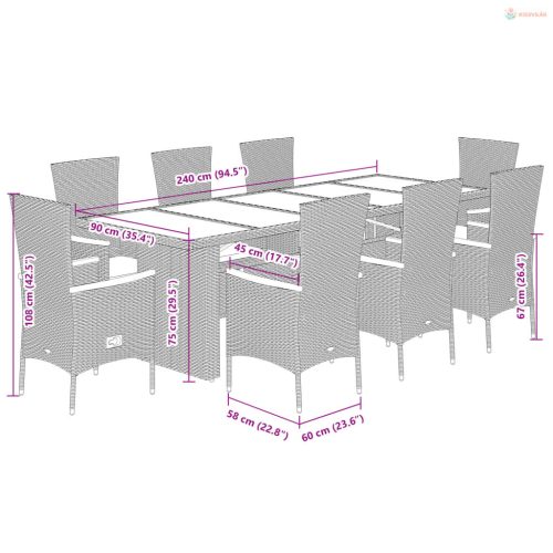 9 részes szürke polyrattan kerti étkezőgarnitúra párnával