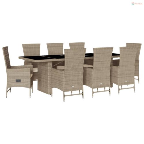 9 részes bézs polyrattan kerti étkezőgarnitúra párnákkal