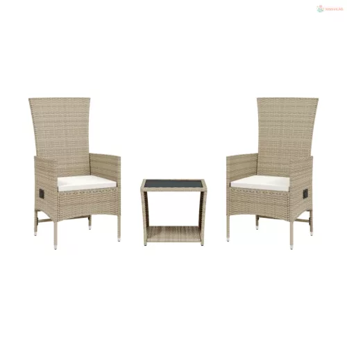 3 részes bézs polyrattan kerti étkezőgarnitúra párnákkal
