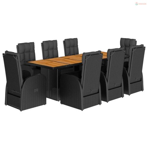 9 részes fekete polyrattan kerti étkezőgarnitúra párnákkal