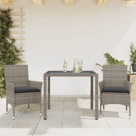   3 részes szürke polyrattan/üveg kerti étkezőgarnitúra párnával
