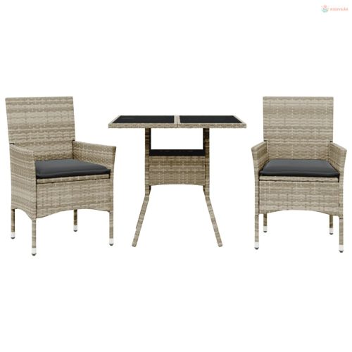 3 részes szürke polyrattan/üveg kerti étkezőgarnitúra párnával