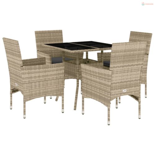 5 részes szürke polyrattan/üveg kerti étkezőgarnitúra párnával